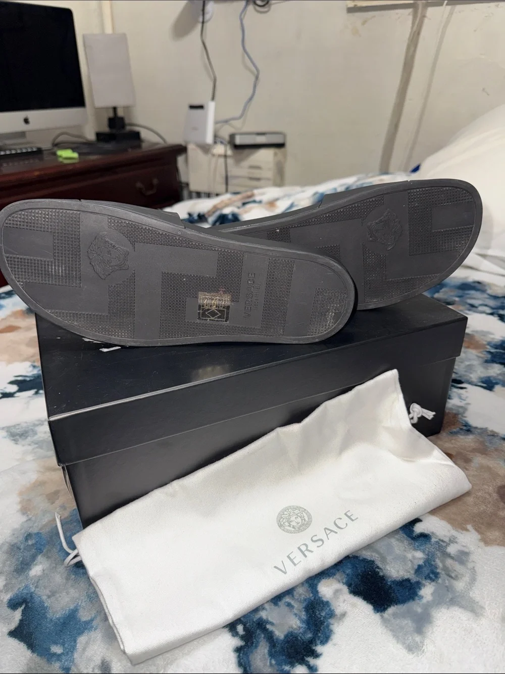 Versace Black Slides with Yellow Medusa Graphic and Pink Accent